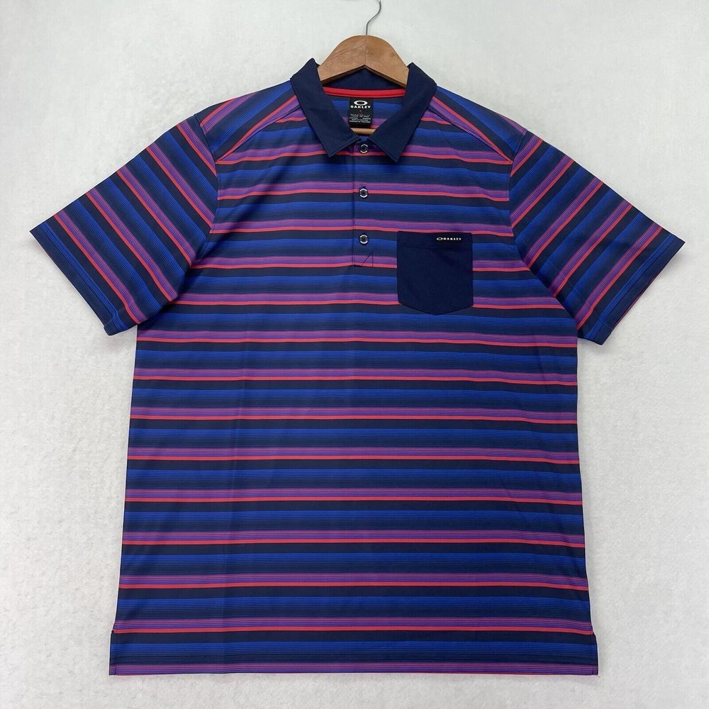 Oakley Golf Polo Short Sleeve Regular Fit Multi Color Striped Mens Large Pocket